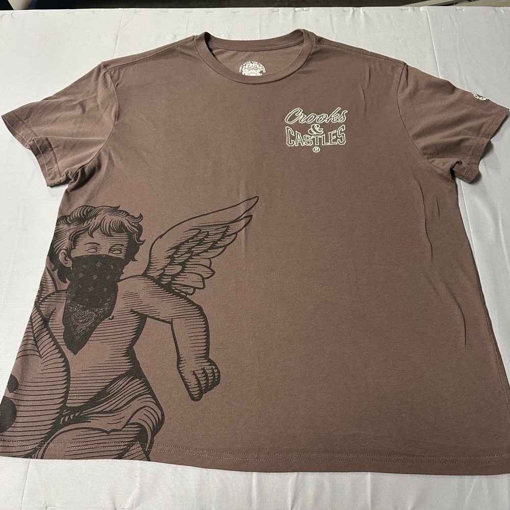 Crooks & Castles Mens 2XL Brown Graphic T-Shirt Angel Bandana Streetwear Logo